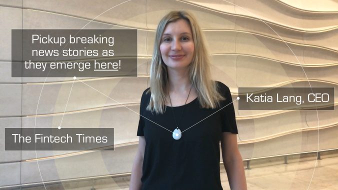 A woman wearing a Hex Beacon, labelled CEO, The Fintech Times, with an overlaid post: Pickup breaking news stories