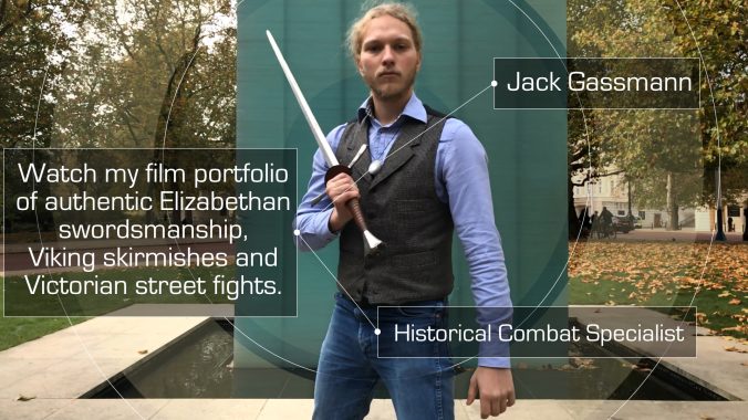 Jack Gassmann holding a sword, labelled Historical Combat Specialist, with an overlaid post about his film portfolio