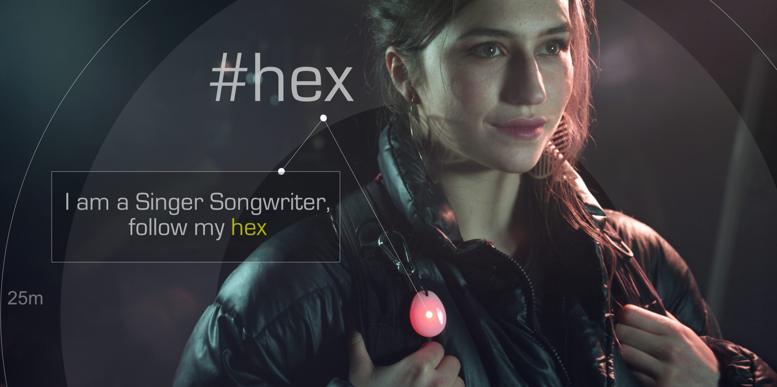 A woman wearing a glowing Hex Beacon, with an overlaid post: I am a Singer Songwriter, follow my hex