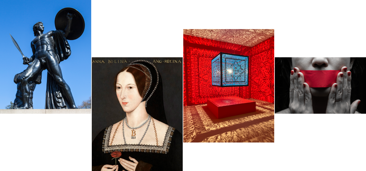 Collage: a bronze statue of a warrior with sword and shield, a Tudor portrait, a red-lit installation room and a masked face