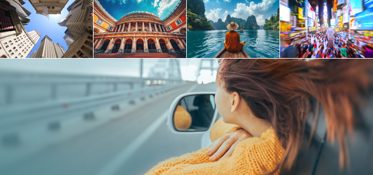 Travel collage: skyscrapers, an ornate courtyard, a river between limestone peaks, a neon-lit street and a passenger in a car