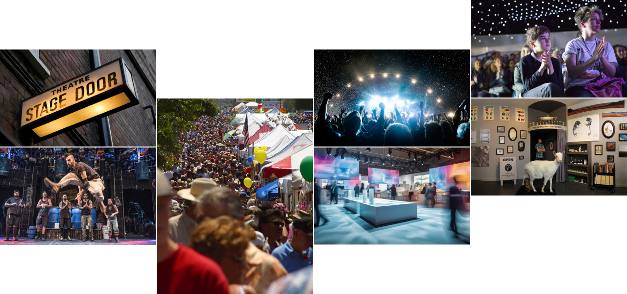 Collage of a stage door sign, festival crowds, a concert, an exhibition hall and a gallery