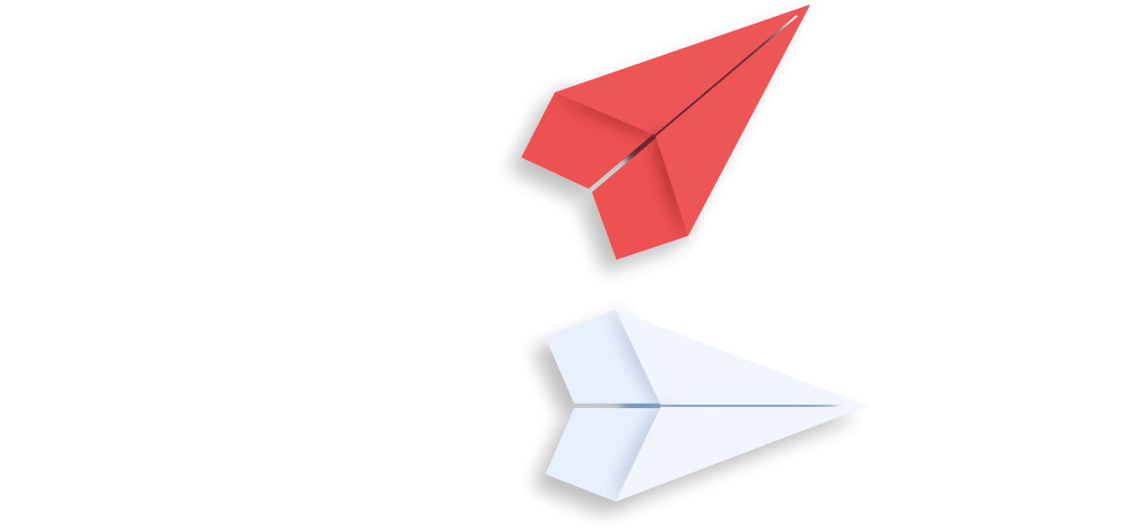 A red paper aeroplane flying above a white one