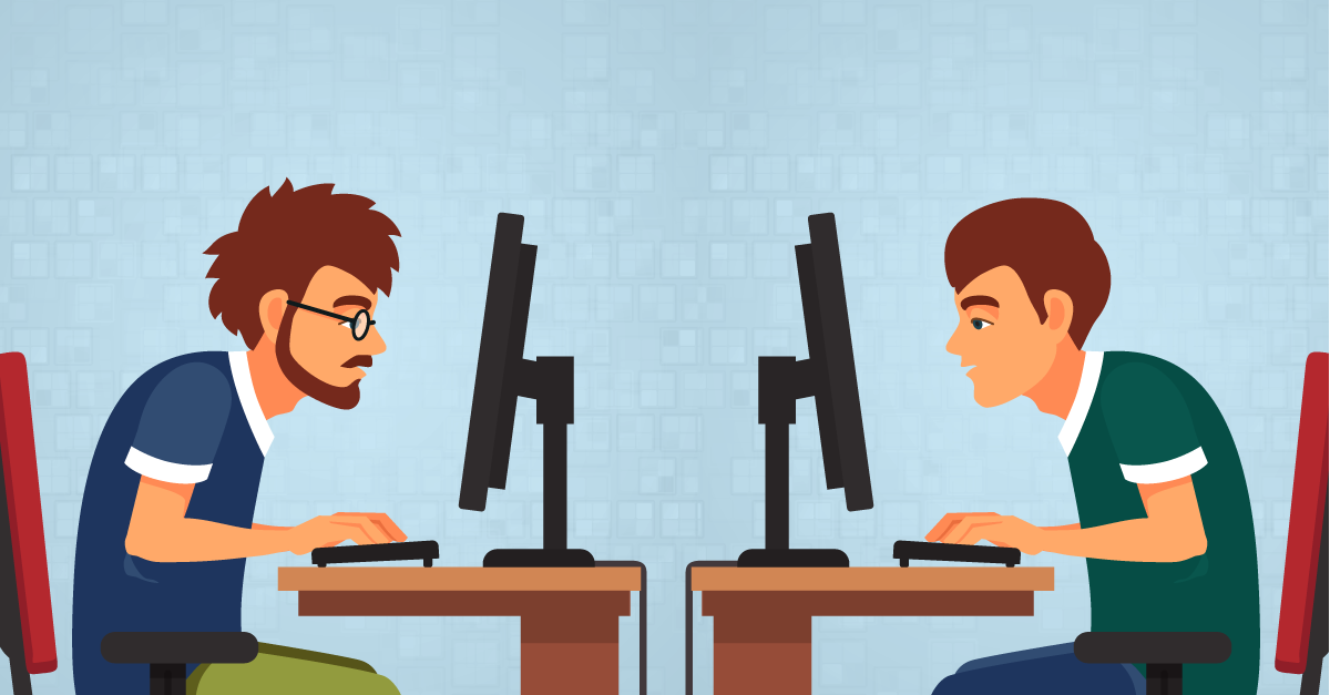 Cartoon of two people working at facing computer screens